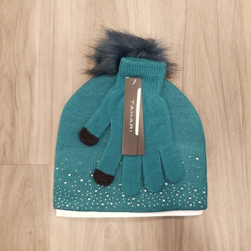 Tahari Rhinestone Faux Fur Pom Pom Hat & Gloves Set